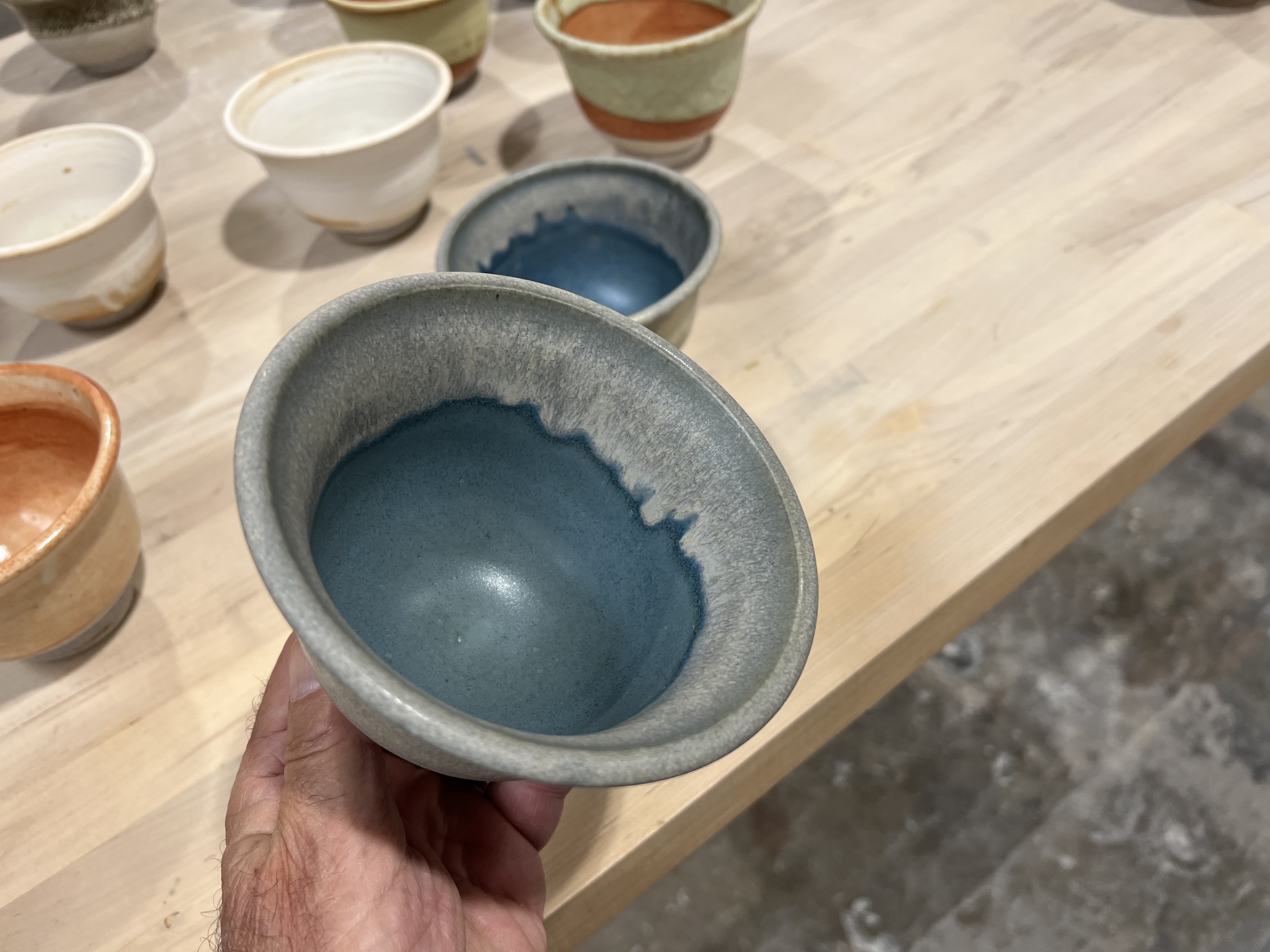 Blue-gray bowls with two-tone glaze